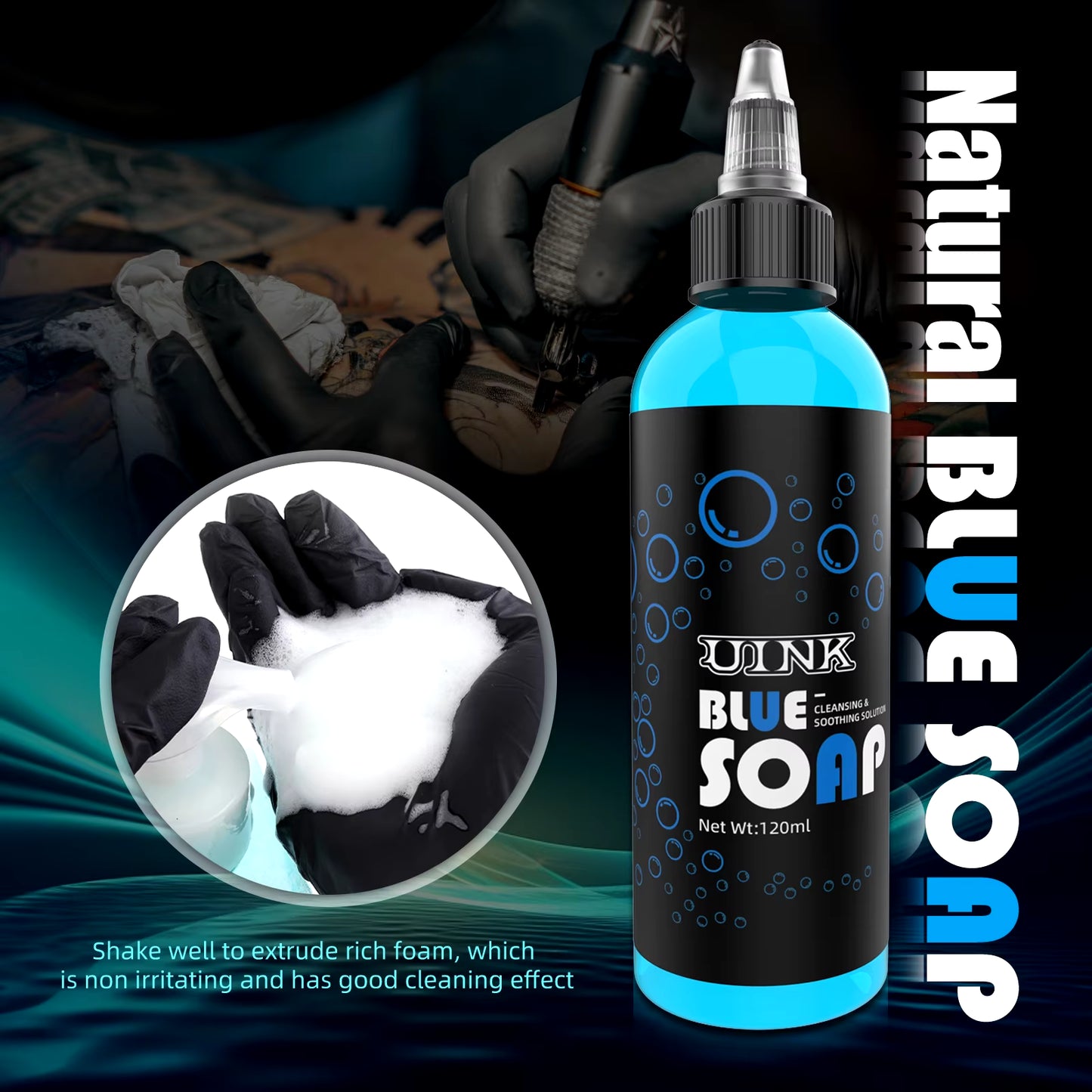 UINK Tattoo Blue Soap 120Ml Tattoo Cleaning Tool with Foaming Pot Tattoo Kit Suitable for Tattoo Beginners and Tattoo Artists