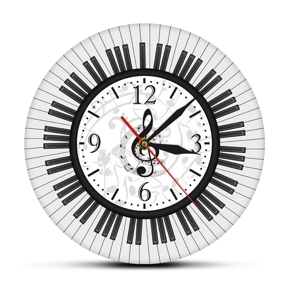 Piano Keyboard Treble Clef Wall Art Modern Wall Clock Musical Notes Black and White Wall Watch Music Studio Decor Pianist Gift