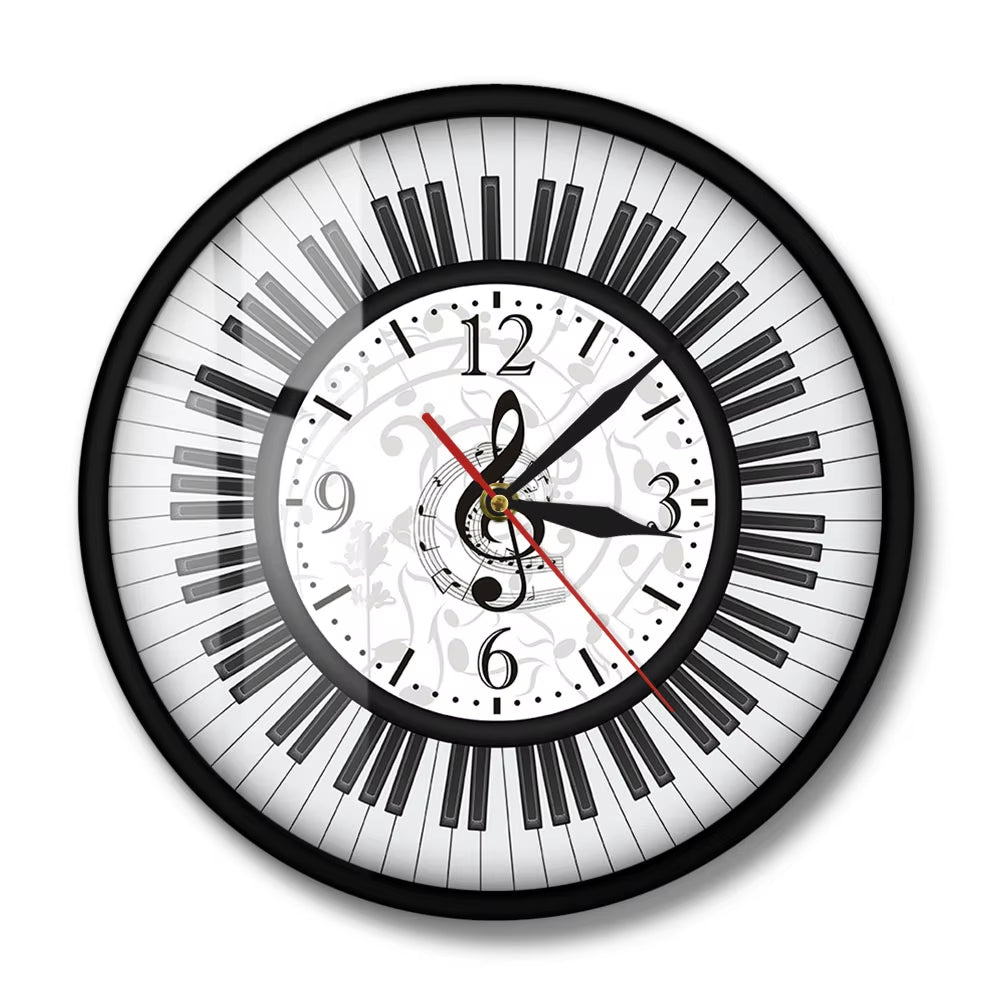 Piano Keyboard Treble Clef Wall Art Modern Wall Clock Musical Notes Black and White Wall Watch Music Studio Decor Pianist Gift