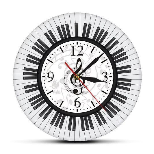 Piano Keyboard Treble Clef Wall Art Modern Wall Clock Musical Notes Black and White Wall Watch Music Studio Decor Pianist Gift